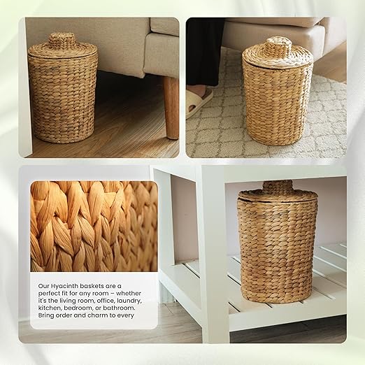 Tidita 2 Gallons Wicker Waste Basket - Water Hyacinth Bathroom Garbage Can with a Lid - Bathroom Trash Can Boho Style - Wicker Trash Can with Lid for Household, Kitchen - Removable Liner, Iron Frame