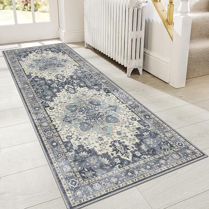 GENIMO 2x10 Runner Rugs for Hallway, Machine Washable Non Slip Vintage Rugs, Low Pile Lightweight Soft Print Rug for enrtyway, Corridor, Home Office, Kitchen, Center Blue