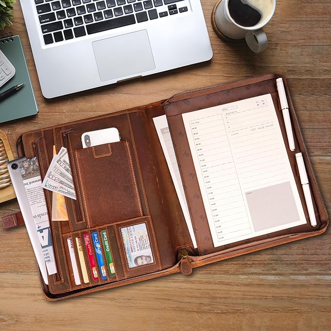 JinRuiKJ Leather Portfolio for Men, Business Portfolio Binder for A4/Pad, Leather Portfolio Folder Organizer with Notepad Holder, Card Slots, Pen Loop, 10 x 13 in, Professional Gift Set - Light Brown