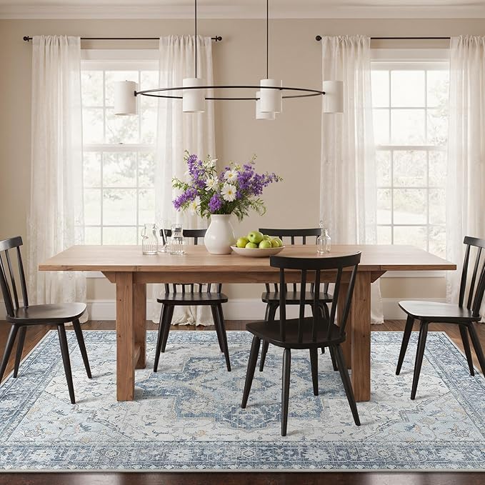 GENIMO 6x9 Area Rugs for Living Room, Machine Washable Non Slip Vintage Rugs, Low Pile Lightweight Chenille Print Rug for Bedroom, Dining Room, Home Office, Light Blue