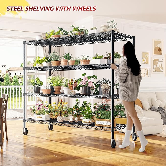 REIBII Set of 2 Storage Shelves Metal Shelving with Wheels,Adjustable Wire Shelving Rack 75.6" H Heavy Duty Garage Shelving Unit for Kitchen Pantry,Commercial Industrial Shelving for Garage 2PCS