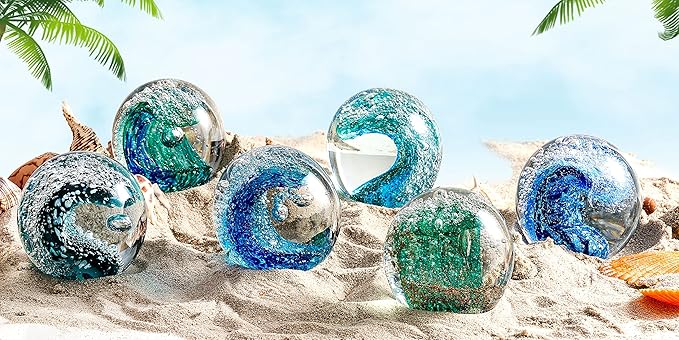 EUSTUMA Hand Blown Glass Figurines Ball Ocean Waves,Office Paperweight Glass for Desk,Home Decor Collectible,Aquarium Decor,Office Decor Ocean Lovers