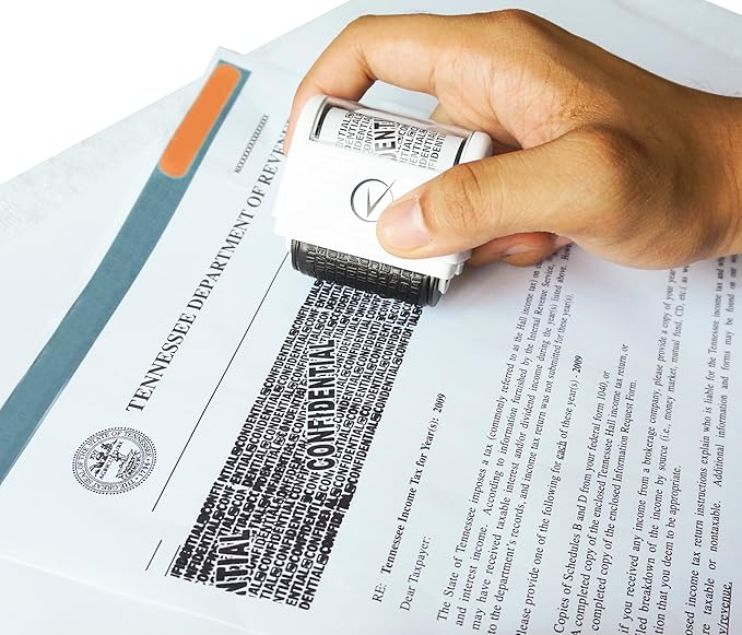 Vantamo Identity Theft Protection Roller Stamp for Hiding Sensitive Information, Wide Confidential Stamp with 3 Ink Refill, Security Stamp Roller for Identity Theft Prevention, Classy White