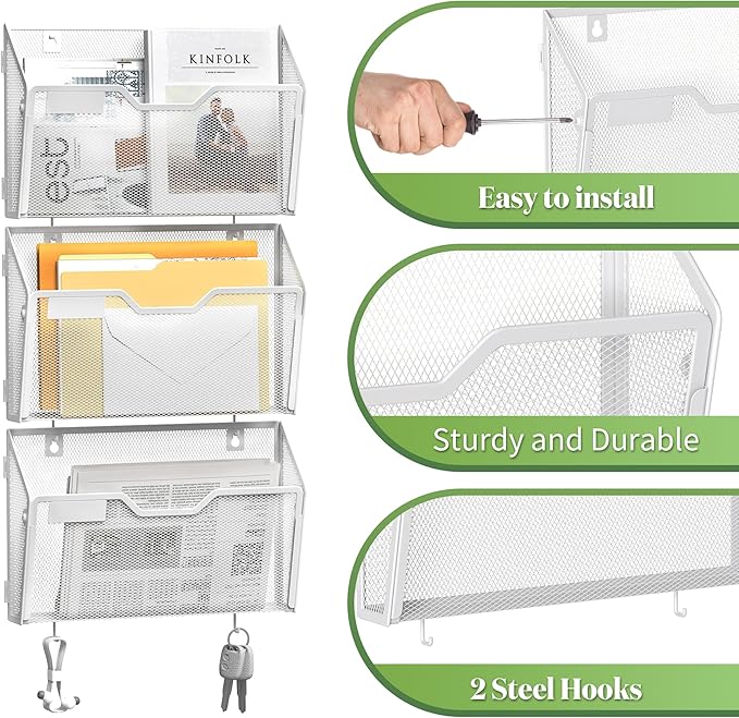 YINGHUA 3 Pack Mesh File Holders Wall Mounted - Durable Metal Hanging Organizer with Hooks - 12.6 Inch Vertical Wall Baskets for Mail Papers Office Home and School Storage - White