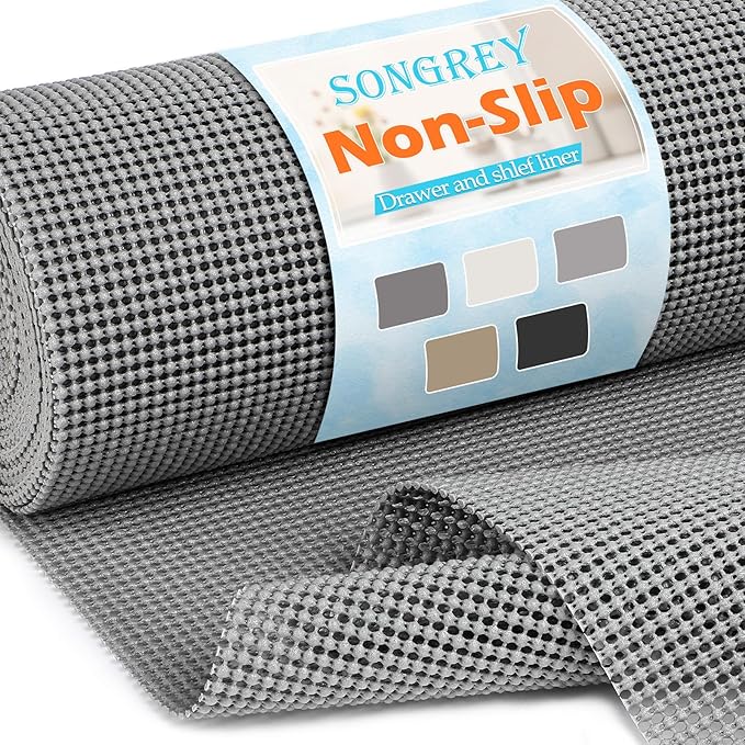Songrey Non-Adhesive Drawer and Shelf Liner, Non Slip Cabinet Liners, Protect Kitchen Cupboard, Bathroom Drawers, Breathable, Thick Strong Grip mat (20IN x 10FT, Dark Gray)
