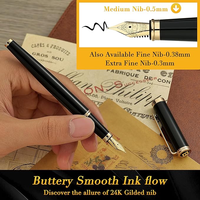 BEILUNER Black Fountain Pen,Stunning Luxury Pens with 24K Gold Accents, Gorgeous 24K Gilded Nib(Medium), Trustworthy Pen Gift for Men&Women -Ink Converter-Elegant, Reliable,Nice Pen for Writing