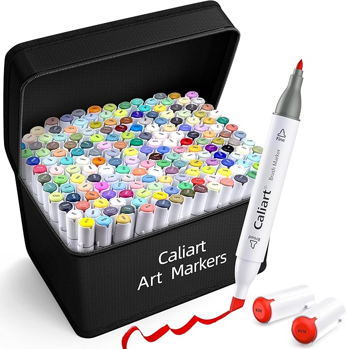 Caliart Alcohol Based Markers, 180 Colors Art Marker Set Fine & Chisel Dual Tip, Permanent Colored Pens for Adults Coloring Book Artists Illustration Sketch Drawing