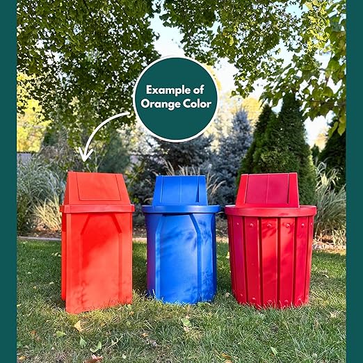 Sturdy Essentials Campus Collection 55 Gallon Round 100% Recycled Plastic Heavy Duty Indoor or Outdoor Trash Can with Push Open Dome Lid and Internal Liner | Great for Schools and Businesses - Orange