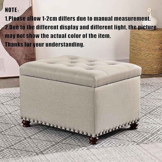 Decent Home Storage Ottoman, 24" Linen Fabric Rectangle Bench Foot Rest Stool, Fabric Footrest Ottomans with Storage, Storages Seats for Living Room, Bedroom, Office