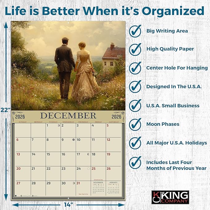 2026 Old English Countryside Wall Calendar 16-Month X-Large Size 14x22, by The KING Company-Monster Calendars