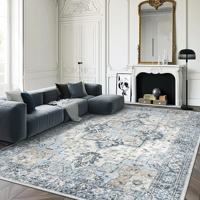 GENIMO 3x5 Area Rugs for Living Room, Machine Washable Rug, Non Slip Vintage Rugs, Low Pile Lightweight Chenille Print Rug for Bedroom, Dining Room, Home Office, Blue