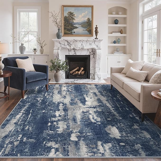 GENIMO 8x10 Area Rugs for Living Room, Machine Washable Non Slip Rugs, Low Pile Lightweight Vintage Print Rug for Bedroom, Dining Room, Home Office, Distressed Blue/Grey