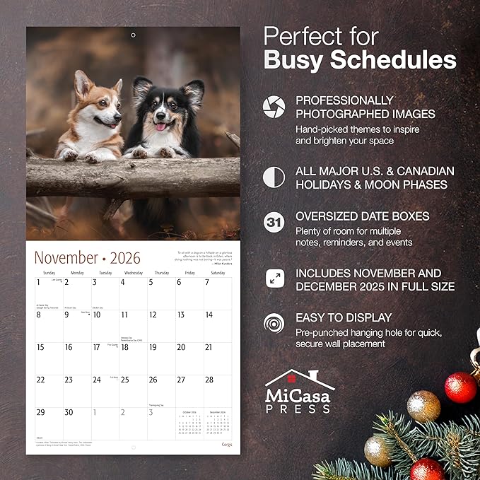 MICASA PRESS Corgis 2026 Wall Calendar 12 Month | 12" x 24" Open | Thick & Sturdy Paper | Holiday Gift | Cute Puppy Dog Calendar 2026