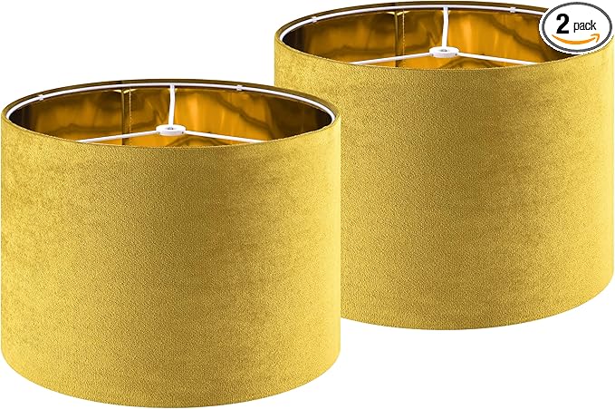 GO&SO Yellow Velvet Drum Lamp Shade Set of 2 Medium 13" Top x 13" Bottom x 10" High(Spider) Modern Lamp Shades For Table Lamps & Bedside Lamp Replacement Lampshade, Hand Crafted, Required Assembly