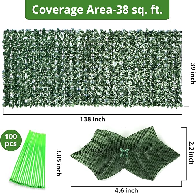 ZhiYo-GD Faux Ivy Privacy Fence Screen, 138x39 in Artificial Ivy Privacy Fence, Artificial Ivy Vine and Green Leaf Hedge Panels for Outdoor Wall Decor, Balcony, Patio, Apartment, Garden, and Yard