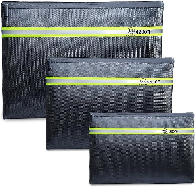Fireproof Document Bag – 3 Pack (15" x 11", 13" x 9.7", 10.5" x 8") Fireproof & Water- proof Document Organizer | Document Holder with Zipper Secure for Cash, Passports, Check& More