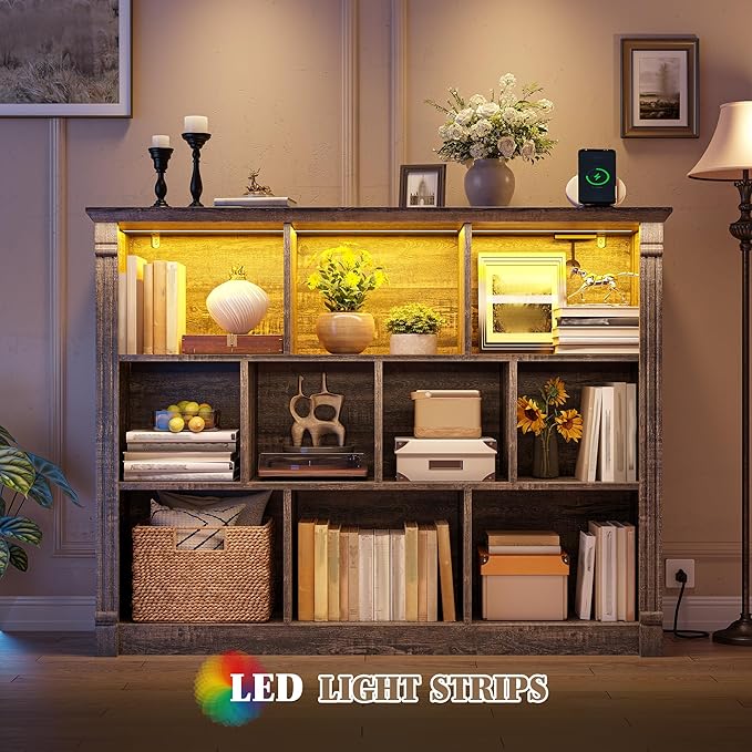 EnHomee 10 Cube Storage Organizer with LED Light and Charging Station Wood Cube Shelf Display Cabinet for Bedroom Living Room,Office,Black Oak