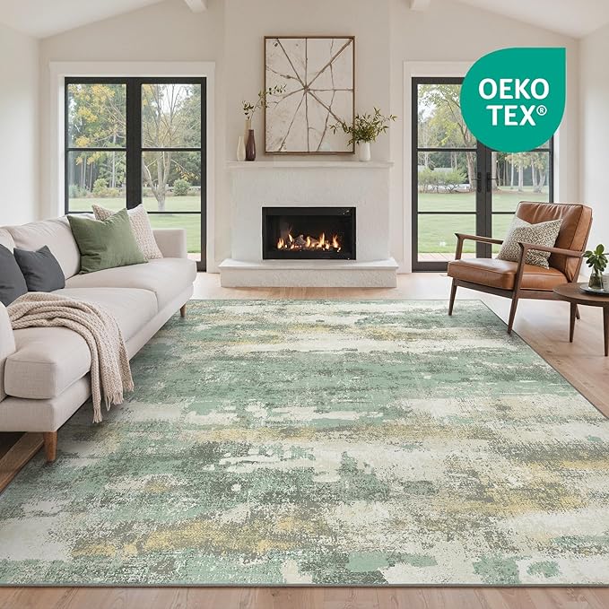 GENIMO No Crease Non Slip 6x9 Area Rugs for Living Room, Craft Woven Modern Abstract Rug, Soft Floor Carpet, Single-Piece Rugs for Bedroom, Dining Room, Office, Green Gray