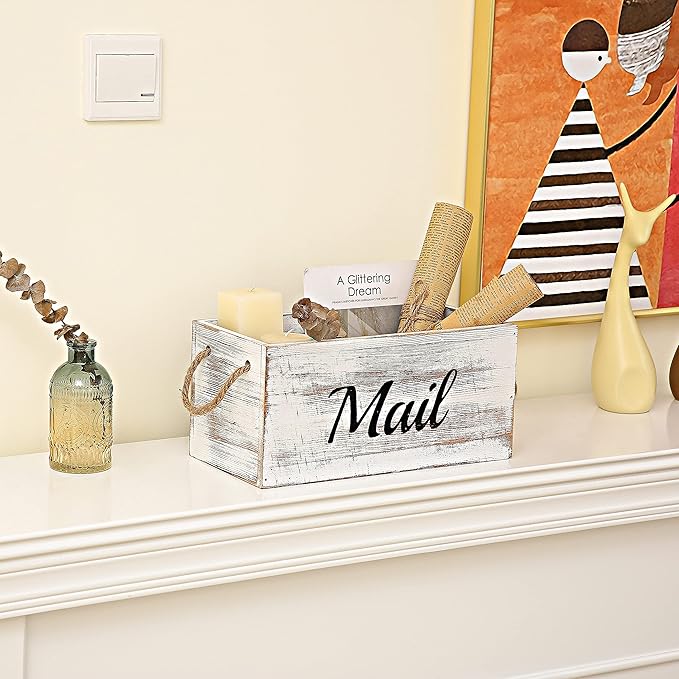 HoreZer Wood Mail Holder Box,Decorative Mail Organizer Box Countertop,Letter Holder Box for Desk with Chalkboard & Rope Handles,Rustic Desk Mail Organizer Home Office(White)