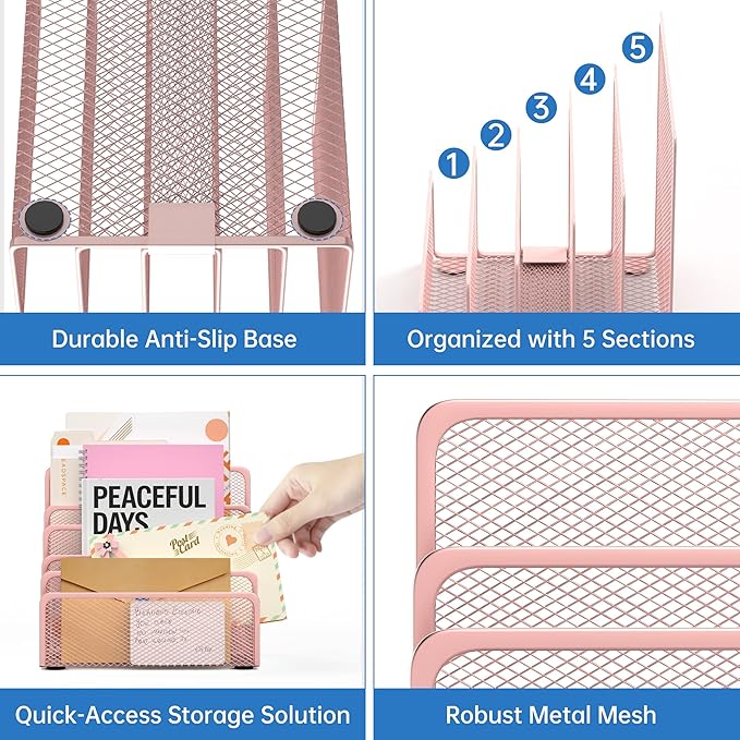 ReePlan Mail Organizer Countertop with 5 Slot, Metal Mail Holder for Desk, File Holder Letter Sorter for Envelope, Bill and Document (Rose Gold)