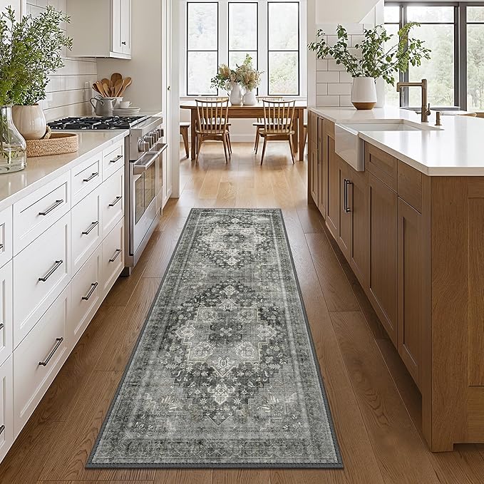 GENIMO 2x6 Runner Rugs for Hallway, Machine Washable Non Slip Vintage Rugs, Low Pile Lightweight Soft Print Rug for enrtyway, Corridor, Home Office, Kitchen, Charcoal Gray