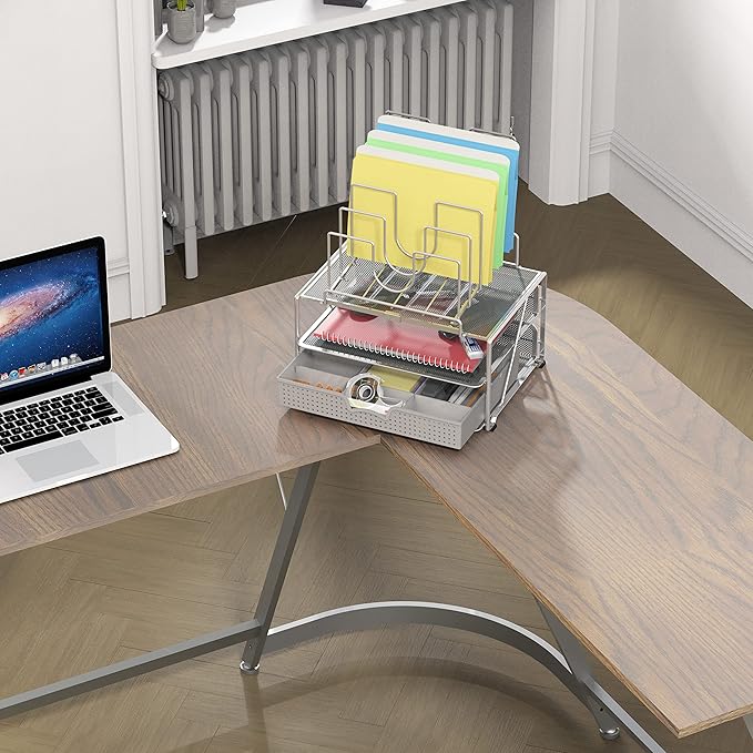 Deco Brothers Desktop File Organizer with Double Tray and 5 Folder Stand, Silver