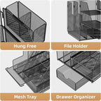 Marbrasse Desk Organizer and Accessories, 3-Tier File Organizer with Drawer and Pen Holder, Small Desktop Organizer and Storage for Workspace Office Supplies Black