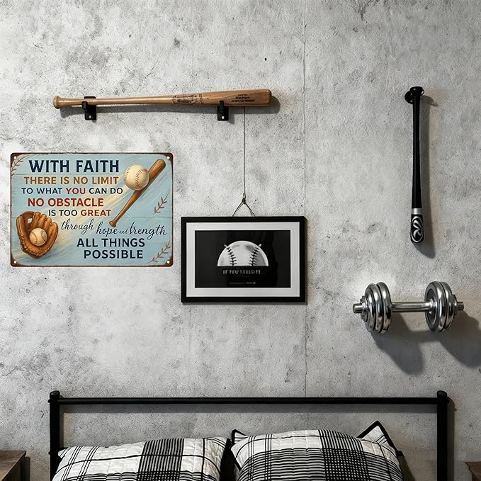 With Faith Baseball Metal Sign – Vintage Inspirational Quote Wall Decor for Locker Room, Bedroom, or Gym – Motivational Gift for Athletes, Coaches, and Baseball Fans(Baseball faith)