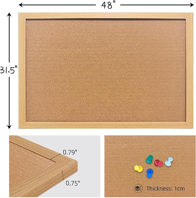 Yunihome Cork Bulletin Board, 48x31.5 Inches Hanging Cork Board Wooden Framed with Pins for Wall, Dorm Room, Office, Home Decor – Natural Cork & Black Frame