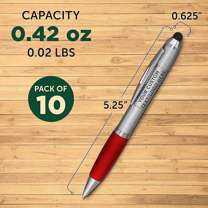 DISCOUNT PROMOS Custom Stylus Ballpoint Pens Set of 10, Personalized Bulk Pack - Black Ink, Great for Office, School, Business, Tradeshows, Events - Red