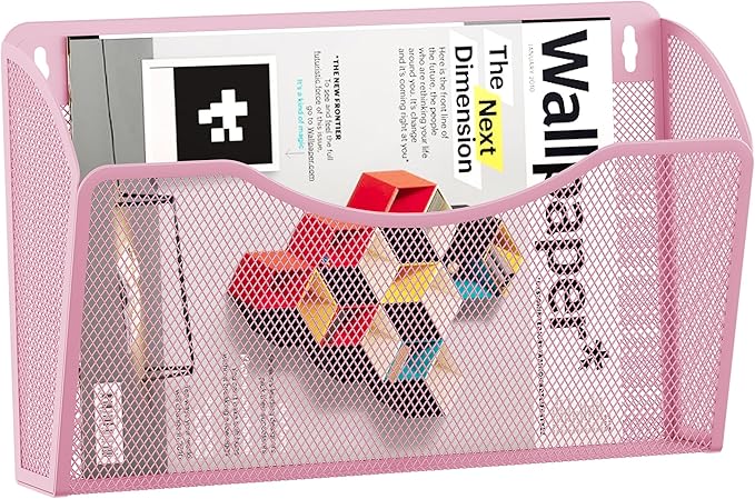 EasyPAG Single Pocket Wall File Organizer, Mesh Hanging File Folder Organizer for Letter/A4 Size Folders, Wall Mounted Vertical Mail Holder for Paperwork, Office, Home, School, Pink