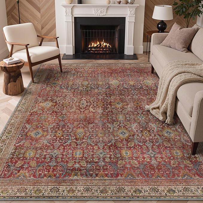 GENIMO 9x12 Area Rugs for Living Room, Machine Washable Non Slip Vintage Rugs, Low Pile Lightweight Chenille Print Rug for Bedroom, Dining Room, Home Office, Mocha Brick