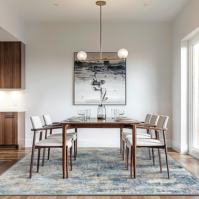 GENIMO Washable Area Rugs for Living Room, 8x10 Modern Non Slip Rugs, Low Pile Lightweight Soft Print Rug for Bedroom, Dining Room, Home Office, Washed Royal Blue