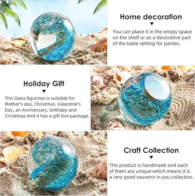 EUSTUMA Hand Blown Glass Figurines Ball Ocean Waves,Paperweight Glass Ball,Home Decor Collectible,Aquarium Decor,Office Decor Ocean Lovers