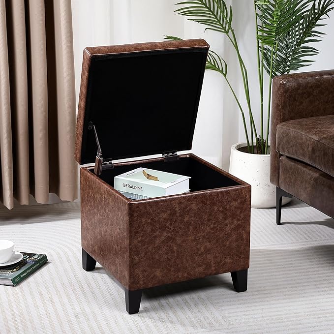 Adeco 18" Storage Ottoman Foot Rest Stool, Walnut Leather Ottoman with Black Solid Wood Legs and Hinged Lid, Small Foot Stool for Living Room, Bedroom