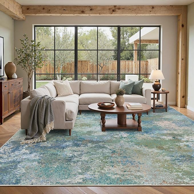 GENIMO Washable Rugs 10x14 Area Rugs for Living Room Bedroom, Modern Lightweight Rug Ultra Soft Indoor Area Rugs 10x14 for Dining Room, Low Pile Carpet with Non Slip Backing, Blue Green