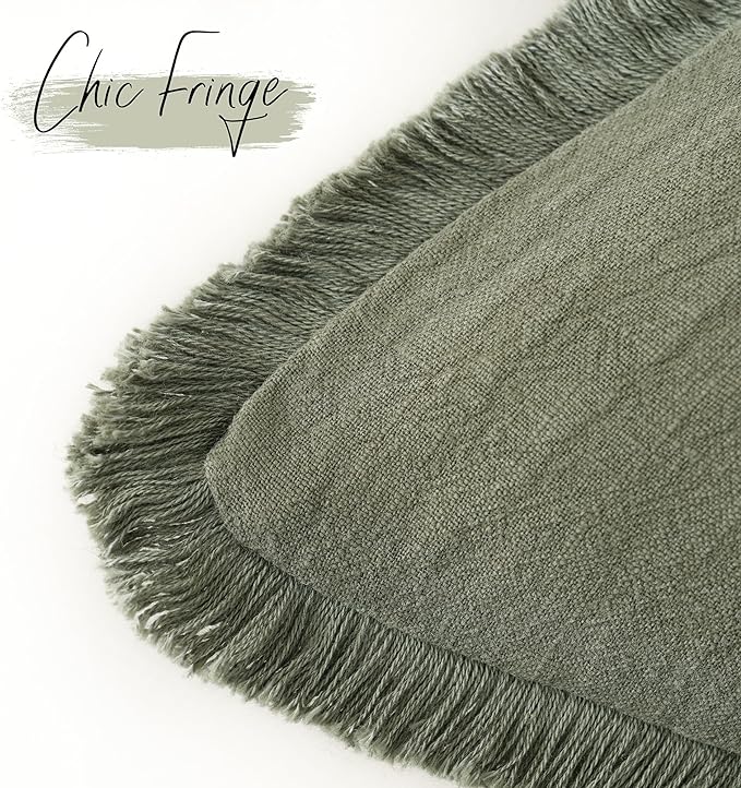 Foindtower Set of 2 Decorative Linen Fringe Throw Pillow Covers Cozy Boho Farmhouse Cushion Cover with Tassels Soft Accent Pillowcase for Couch Sofa Bed Living Room Home Decor, 16×16 Inch, Olive Green