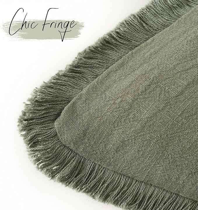Foindtower Set of 2 Decorative Linen Fringe Throw Pillow Covers Cozy Boho Farmhouse Cushion Cover with Tassels Soft Accent Pillowcase for Couch Sofa Bed Living Room Home Decor, 22×22 Inch, Olive Green