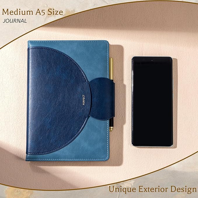 CAGIE Lined Journal for Women, 100GSM Leather Journals for Writing with Buckle Closure,A5 Hardcover Diary Journaling Notebooks for Business Work School Note Taking 5.9" x8.59 (Blue)