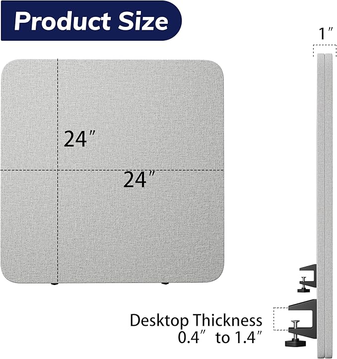 KERRAM Desk Privacy Panel 24 x 24 Inch, Sound Absorbing & Proof Desk Divider for Office, Clamp-on/Screw-on Acoustic Desk Back Panel Partition, Gray