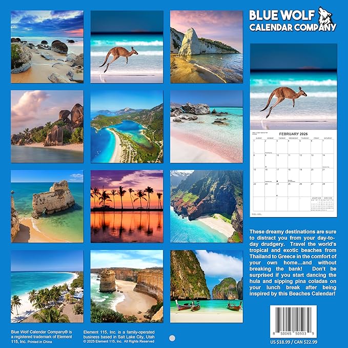2026 Beaches Monthly Wall Calendar | Tropical Beaches Travel Calendar 2025-2026