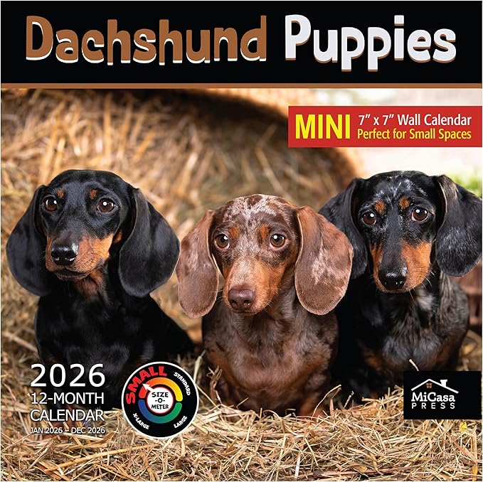 MICASA PRESS Dachshund Puppies 2026 Mini Wall Calendar 12 Month | 7" x 14" Open | Thick & Sturdy Paper | Holiday Gift | Cute Puppy Weiner Dog Calendar 2026