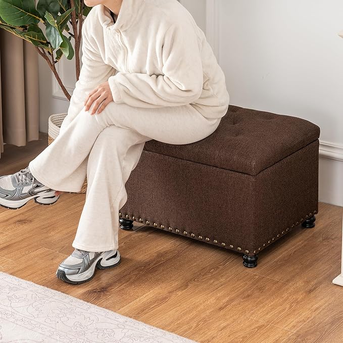 Decent Home 24" Storage Ottoman, Fabric Ottoman Foot Rest Stool with Hinged Lid, Tufted Rectangle Upholstered Footstool, Load Up to 350 lb, for Living Room, Bedroom, Dorm, Coffee Brown