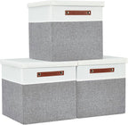 DECOMOMO Storage Basket with Lid, Storage Cubes with Handles, Fabric Box with Lid (Grey and White, 13” / 3 Pack)