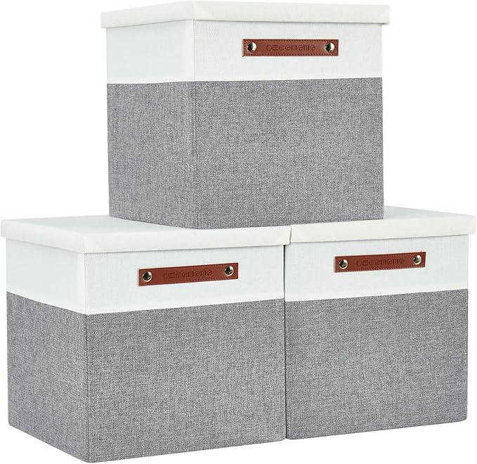 DECOMOMO Storage Basket with Lid, Storage Cubes with Handles, Fabric Box with Lid (Grey and White, 11” / 3 Pack)