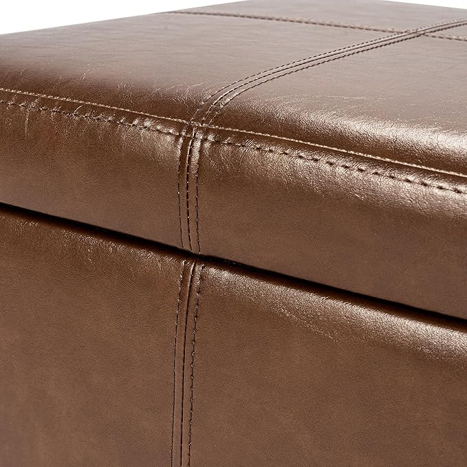 Adeco Faux Leather Cube Storage Ottoman, Coffee Brown Ottomans for Living Room, Bedroom