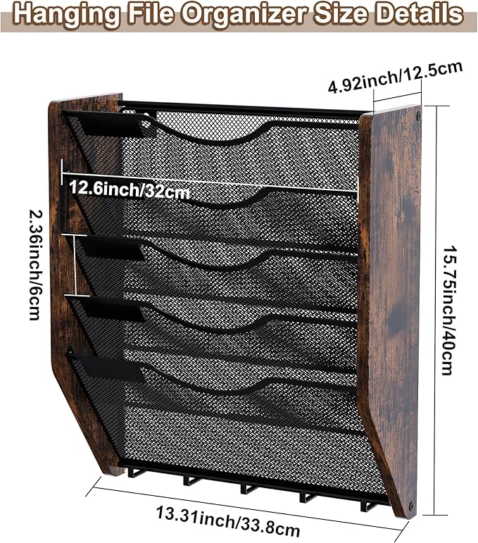 PAG-Mass Wall File Organizer With Hooks, 5 Tier Mesh Mail Organizer Wall Mounted,Hanging File Organizer,Magazine Holder for Documents,Magazine,Literature,File,Mails,Envelopes