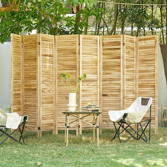 Room Partitions and Dividers, Temporary Wall with Double Hinges, 5.6 Ft Tall Folding Louver Wood Screen for Home Office Bedroom Hotel Decoration (8 Panels, Wood Color)