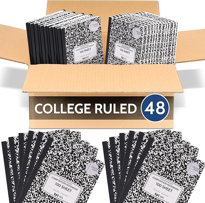 EPI 48 Pack College Ruled Composition Notebook Black - 200 Pages (100 Sheets), 9-3/4 x 7-½ - Classroom Back to School Supplies, Heavy Duty, Durable Hardcover Office Notebooks, Sewn