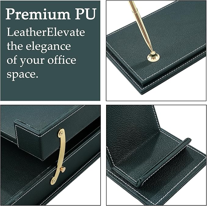RitPin Desk Set, 11-Piece All-in-One – Executive Desk Accessories & Office Supplies, Leather Desk Organizer with Desk Pad & Blotter, 2-Tier Letter Tray, Luxury Office Desk Decor & Boss Gifts (Green)